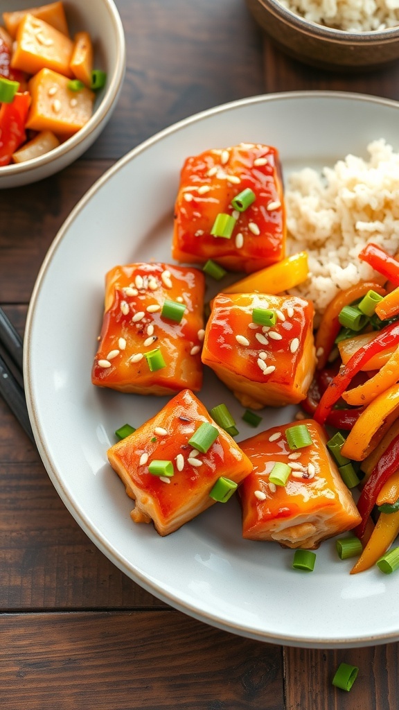 Air fryer teriyaki salmon bites garnished with sesame seeds and green onions, served with rice and vegetables.